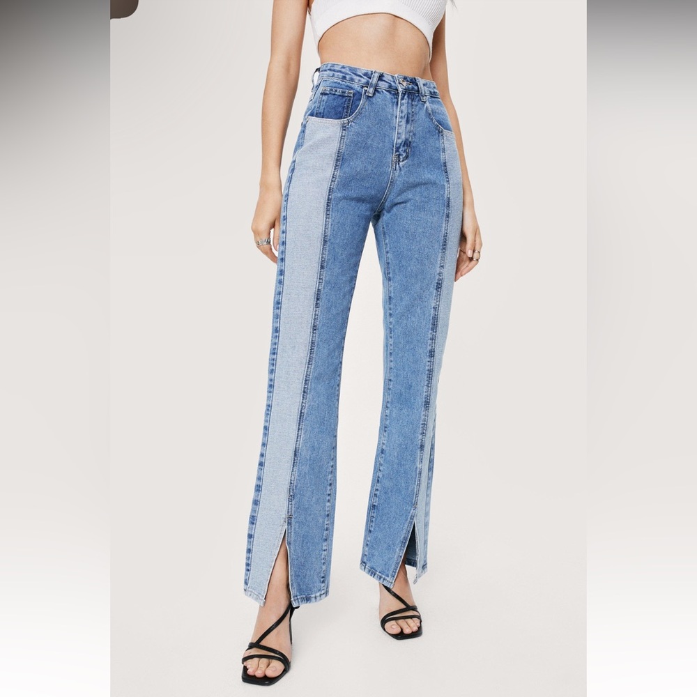 Nasty Gal Color Block Split Hem Straight Jeans Sz US 8